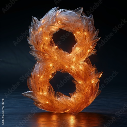 Golden number 8 from transparent lighting leaves isolated on black background, number 8. Design, art, decor, eght march, sign for card, print. Wallpaper. photo