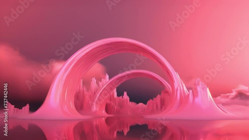 Surreal  landscape with mountains and glossy arches . Generative AI 4K video footage.  arch gate entrance to alternative reality Pink fantasy landscape.  photo