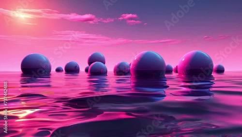 Dreamy Pink sunset sea with floating spheres on surface of water. surrealism, simultaneously an aesthetic of sea neon waves. Generative AI 4K video footage. mental and spiritual concept photo