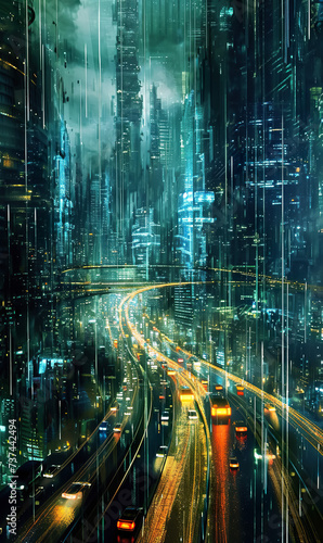skyline of futuristic electronic night smart city at night, cyberspace and network concept