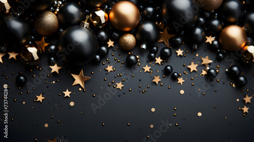 Square banner with Christmas symbols. Christmas tree, balls, golden tinsel confetti and snowflakes on clean background. Header for website template.