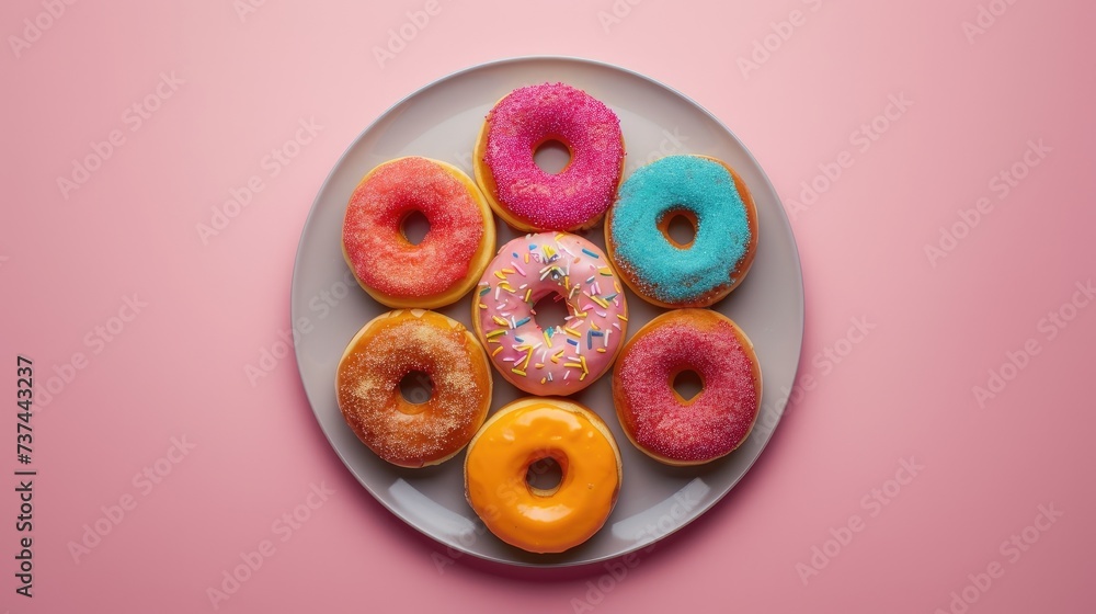 a plate piled high with bright, colorful donuts, arranged in the center against a plain light background, inviting viewers to indulge in their vibrant sweetness. a plate piled high with bright, colorful donuts, arranged in the center against a plain light background, inviting viewers to indulge in their vibrant sweetness.
