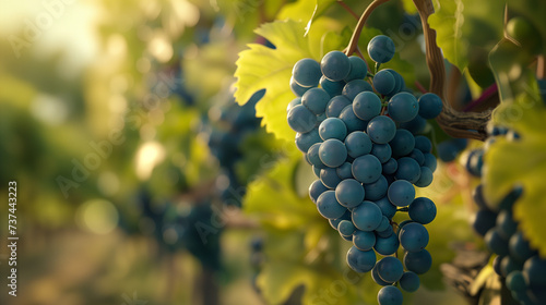 Ripening Blue Grapes in Sunlit Vineyard at Golden Hour