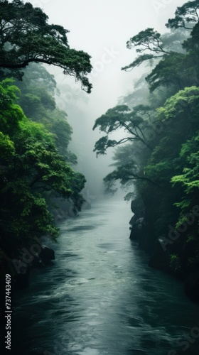 A river cuts through a dense forest, surrounded by vibrant green foliage, creating a captivating natural scene.