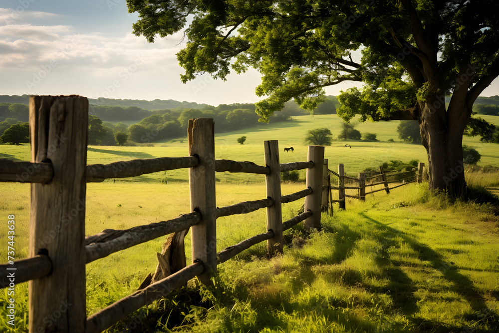 Rustic Wooden Fence along a Verdant Field under a Clear Sky - An Ode to Rural Life