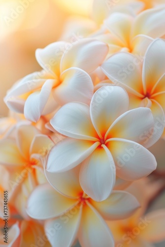Close up of white and yellow smooth frangipani plumeria flowers. Spa and self care concept. © Mariia