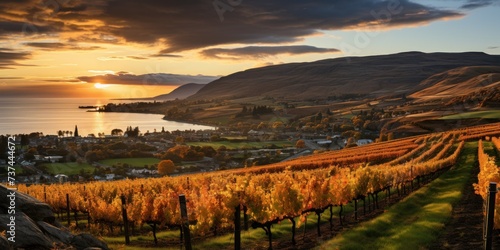A stunning view of a vineyard with rows of vibrant grapevines under the warm hues of a sunset sky.