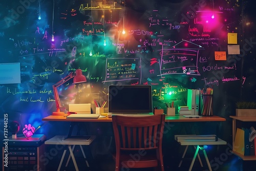 Creative Workspace with Colorful Lighting and Organized Desk