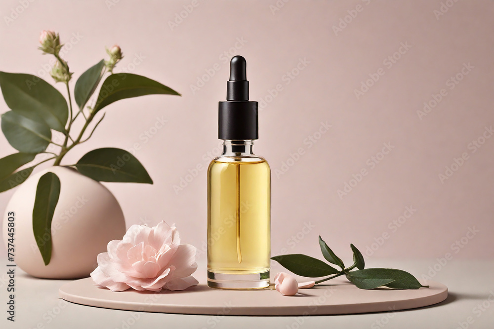 Bottle of essential oil with rose flower on light background, closeup Bottle of essential oil with rose flower on light background, closeup