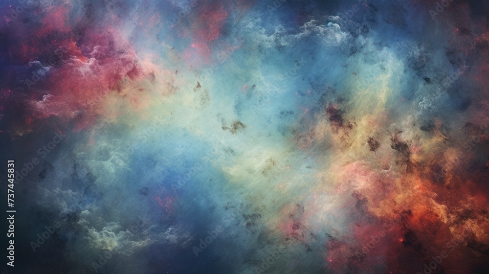 An abstract painting of a nebula, with colors ranging from blue to red, and features a central bar of yellow. The texture is grainy and the overall effect is one of movement and depth.