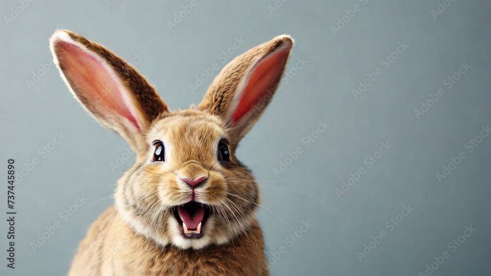 Fototapeta premium Cute Easter bunny on grey background, closeup. Space for text