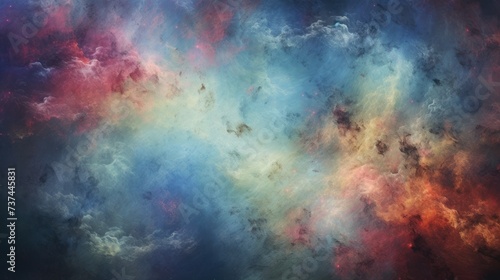 An abstract painting of a nebula, with colors ranging from blue to red, and features a central bar of yellow. The texture is grainy and the overall effect is one of movement and depth. © ProPhotos