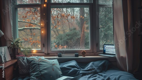 Rainy day cozy room interior with wide wet window with raindrops, looped footage