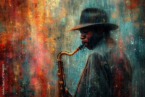 A man plays jazz music on a saxophone photo