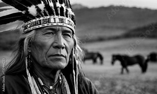 American Indian, black and white portrait, horses grazing in the background