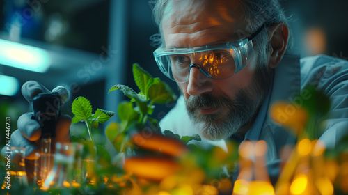 Scientist observes plant in beaker in lab with eyewear photo