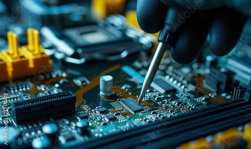 technician with tester repair or check computer motherboard or digital chip, man with screwdriver or soldering iron service electronic hardware photo