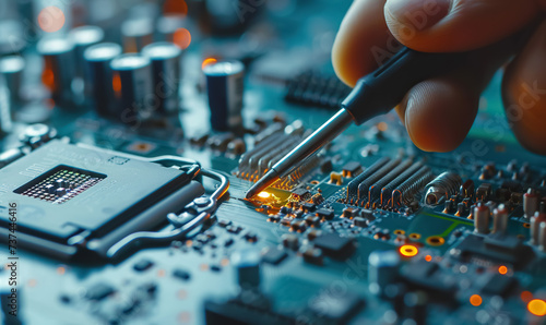 technician with tester repair or check computer motherboard or digital chip, man with screwdriver or soldering iron service electronic hardware