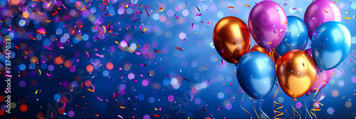 Celebration in the air, glossy balloons and confetti against a bright background, marking joyous festive moments