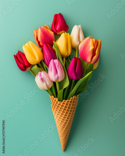 Minimal spring greeting card with bouquet of colorful tulips in ice cream cone on a blue background © VesnAI