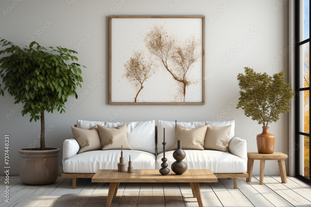 Infuse your living space with your personal touch. Picture an empty frame in a simple living room mockup, providing a canvas for your creativity to shine in a serene and minimalist environment.