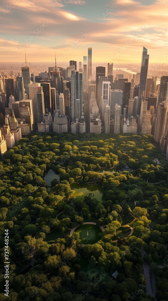 Nature and cityscape intertwined, aerial contrast of park and high-rises at dusk