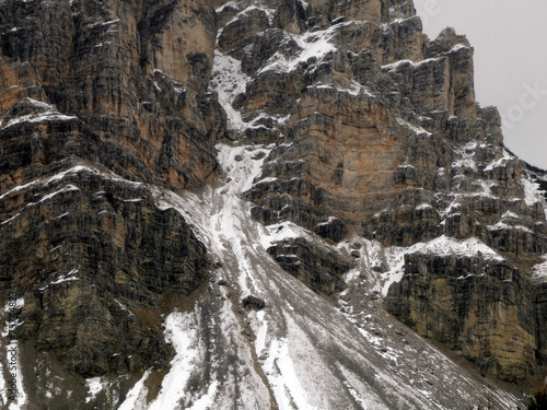 rock and snow falling on Fanes mountain Dolomites winter panorama landscape