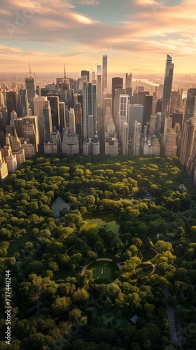Nature and cityscape intertwined  aerial contrast of park and high-rises at dusk