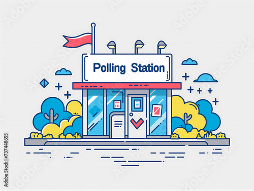 Polling Station Line Art Concept - Modern Voting Booth with Flag for Election Day Illustration photo