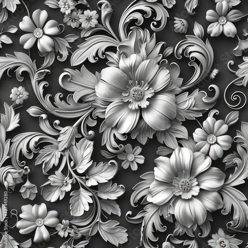 A luxurious wallpaper design in black and white  showcasing delicate flowers with a touch of gold accents  created using high-quality materials for a rich. SEAMLESS PATTERN.