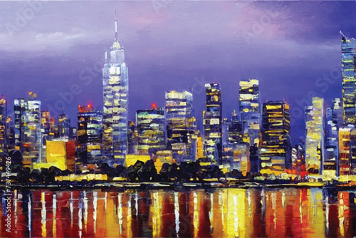 Oil paintings city landscape.  Beautiful city skyline view oil painting. Skyline city view. city landscape painting, background of paint. City landscape with beautiful buildings, roads, and lights.