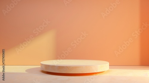 3D rendering Round peach-colored podium with neon lighting on a plain background. Studio interior for photography. Podium for photo products for advertising