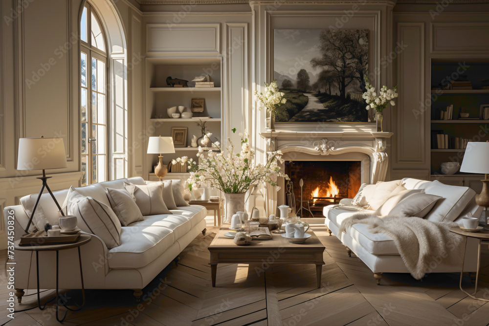 Explore the charm of a room with a unique and attractive cozy interior, adorned in delightful shades of beige. Experience the warmth and elegance that define this inviting living space.