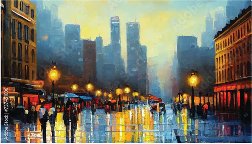 Oil paintings city landscape.  Beautiful city skyline view oil painting. Skyline city view. city landscape painting  background of paint. City landscape with beautiful buildings  roads  and lights.