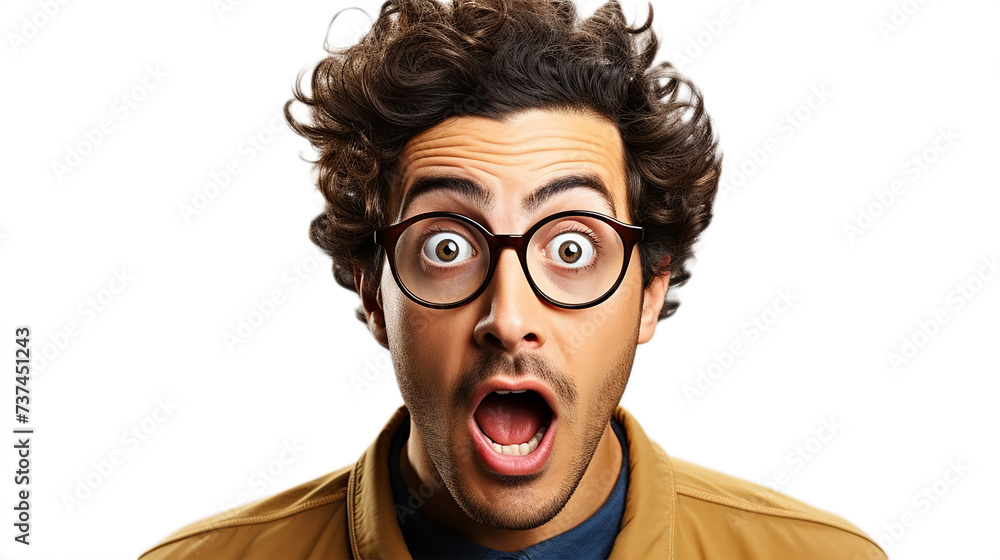 Portrait of a surprised caucasian man with glasses on a white or transparent background