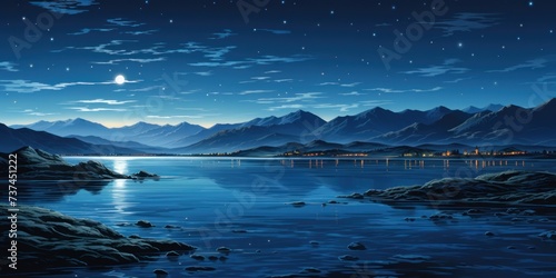 The beauty of a mountain lake at night, showcasing the serene reflection of the moon on its calm waters.