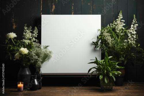 A sophisticated and timeless setup featuring a blank white frame on a classic black background, offering a versatile and stylish canvas for your creative content.