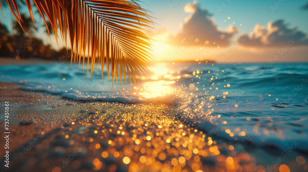 Beach Sunset Scene, Summer Ocean Landscape, Serene Nature Background with Sand and Water, Vacation Concept - obrazy, fototapety, plakaty 