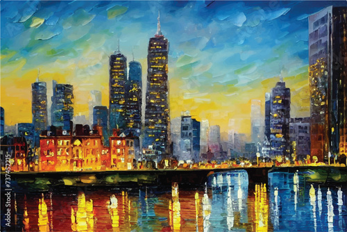 Oil paintings city landscape.  Beautiful city skyline view oil painting. Skyline city view. city landscape painting, background of paint. City landscape with beautiful buildings, roads, and lights. photo