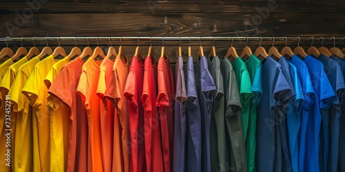 Vibrantly colored Tshirts line a wooden rack mimicking the hues of a rainbow. Concept Colorful T-Shirts, Wooden Rack, Rainbow Hues