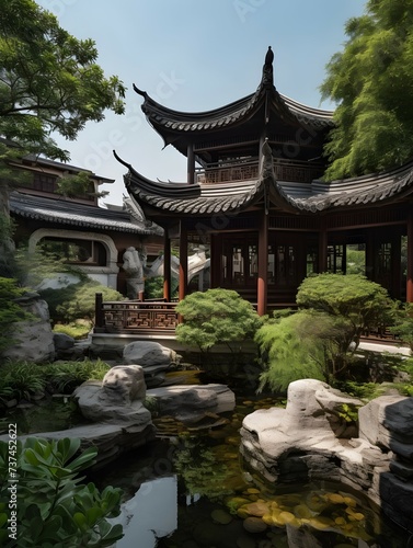 A captivating and authentic Chinese-style villa garden design, meticulously crafted to create a harmonious and inviting living space, radiating an aura of tranquility and timeless elegance. The scen