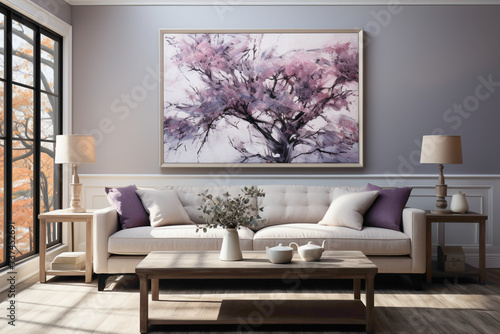 Enrich your living room aesthetic with a simple frame that highlights a beautiful nature painting, creating a tranquil and visually appealing focal point.