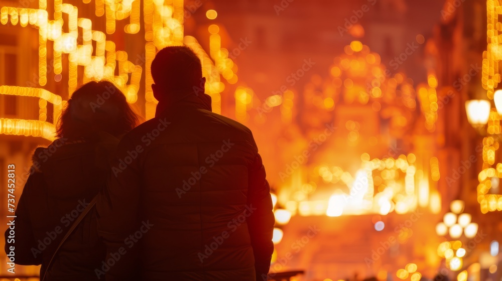 Fototapeta premium view from behind, a couple view the monument burning up of 