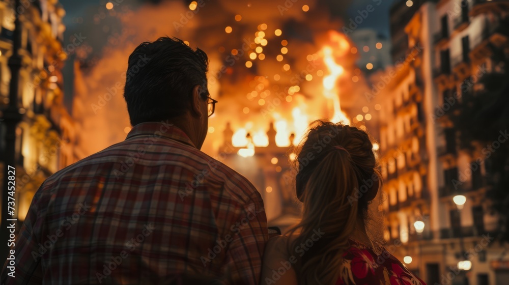 Fototapeta premium view from behind, a couple view the monument burning up of