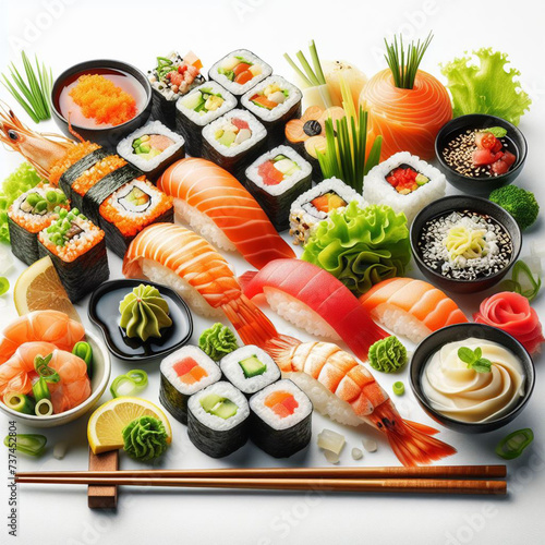 sushi set on table isolated on blurred restaurant background