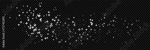Glitter light effect on transparent bg as a png. White dust overlay with star sparkle. Bokeh and shine magic texture