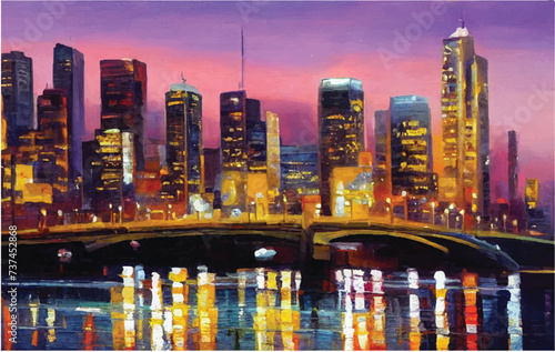 Beautiful city skyline view oil painting. Oil paintings city landscape.  Skyline city view. city landscape painting, background of paint. City landscape with beautiful buildings, roads, and lights. © Usama