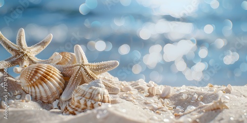 Oceanic-themed decor: Starfish, Seashells, and Sandy Beach with a Hazy Blue Sea in the Background. Concept Underwater adventure, Tropical paradise, Ocean-inspired elegance, Beachy vibes, Coastal chic © Anastasiia