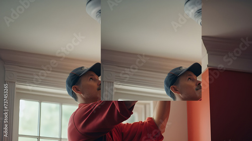 A technician installing a new smoke detector for improved safety in a home. photo