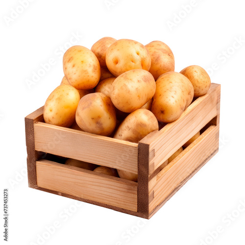 Raw potatoes in a wooden box. Isolated on transparent background.